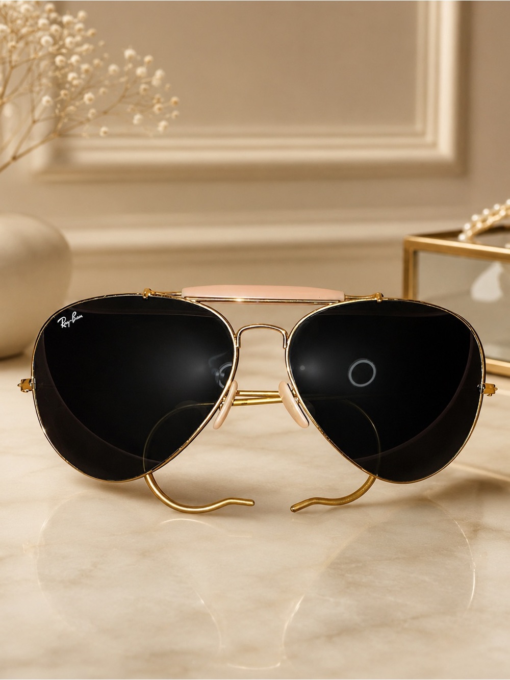 Ray-Ban Gold Frame Aviator Sunglasses with Black Lenses